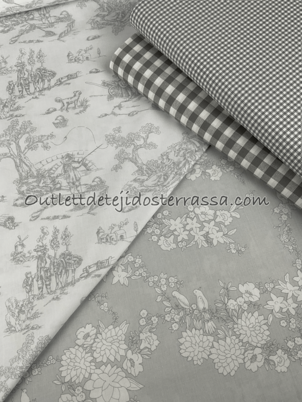 Algodón estampado "Toile de jouy color gris"