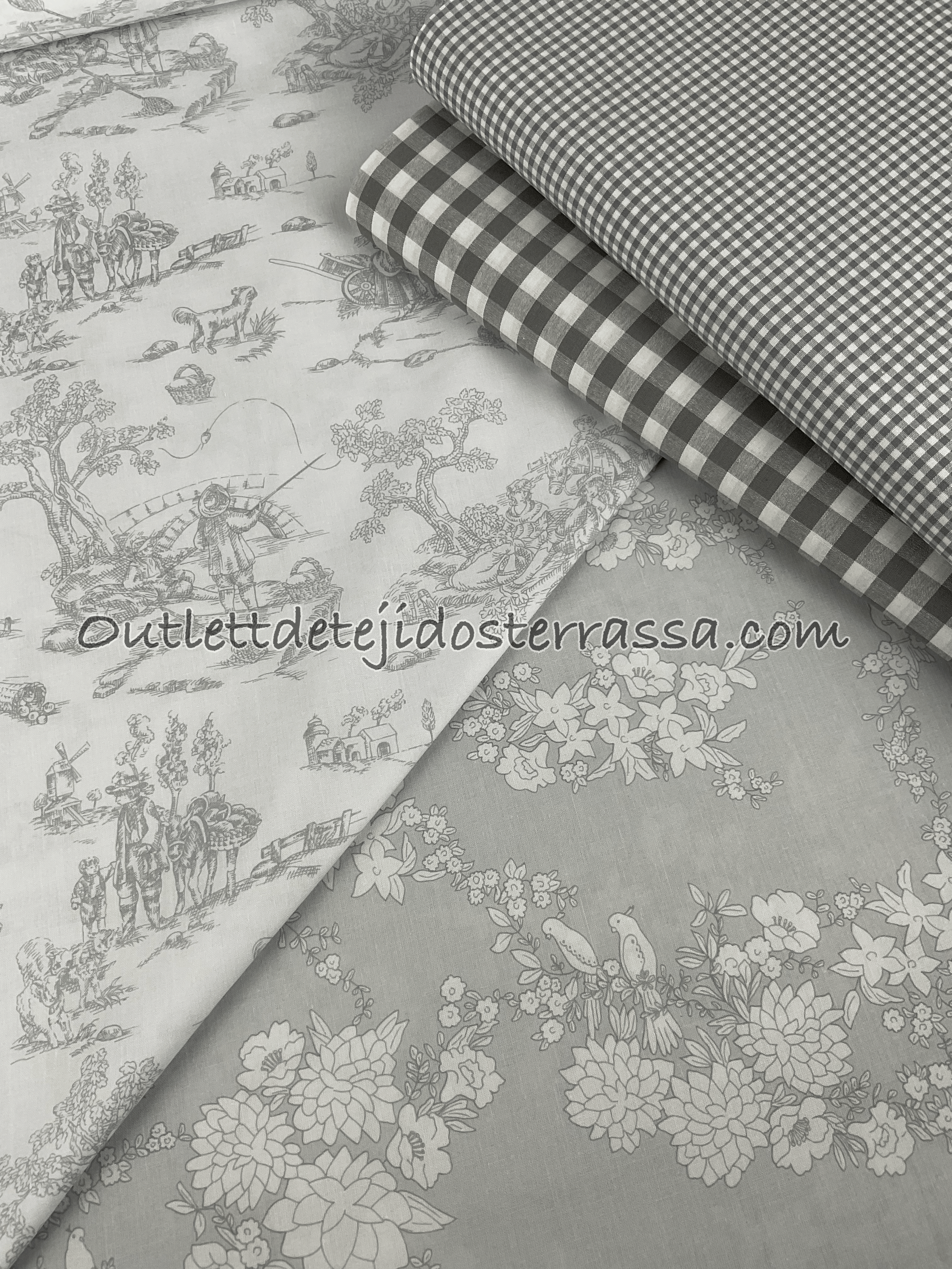 Algodón estampado "Toile de jouy color gris"