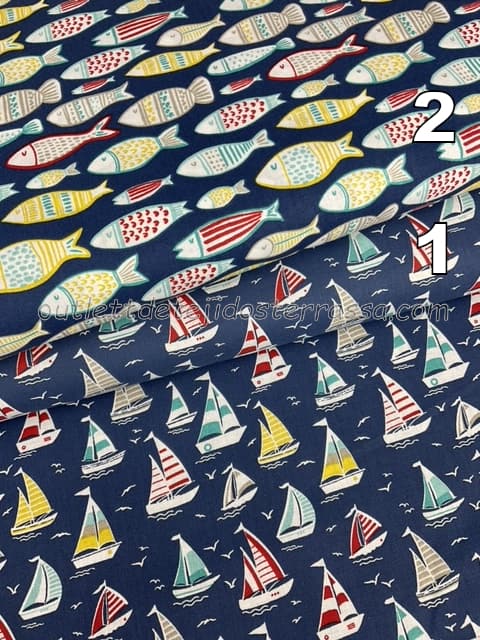 Algodón estampado Barcos y Peces