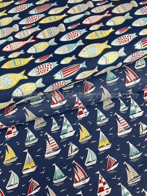 Algodón estampado Barcos y Peces