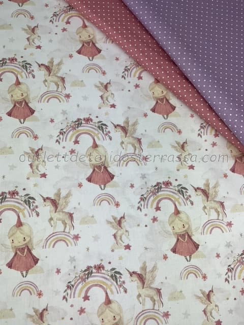 Algodón estampado Hada y Unicornio